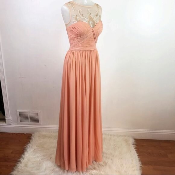 Franssical peach beaded gown with sheer panels & crew neck ruched dress 2 - Picture 2 of 11
